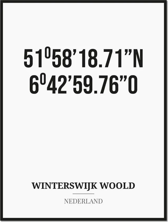 Studio216 Poster/kaart WINTERSWIJK WOOLD met coördinaten zwart, wit