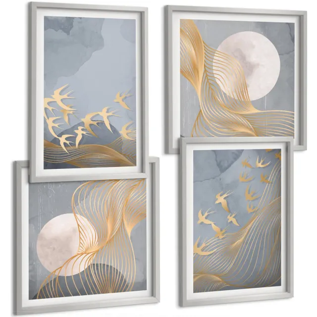 TULUP 4-Delige Schilderij Set - Vogels in vlucht tegen de hemel en de maan. - 40 x 40 cm en 40 x 60 cm - Wanddecoratie - Muurdecoratie - Woonkamer - Moderne Wanddecoratie Zilveren lijst