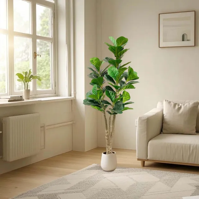 Danky Kunstplant Vioolbladplant Ficus 150 cm - Met Witte Pot - Buigbare Takken - Levensechte Kunstboom voor Binnen