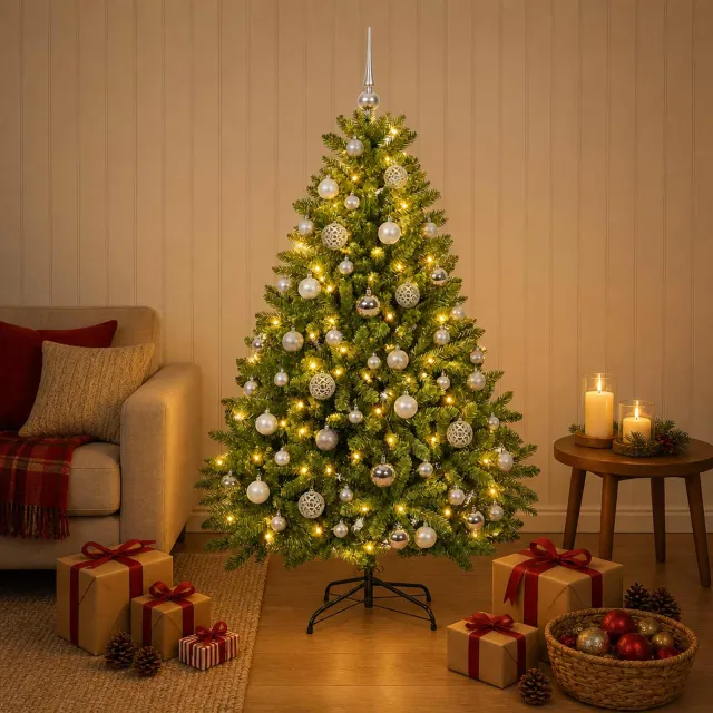 vidaXL Kunstkerstboom lichtgroen met kerstballen 120 cm 150 LED's