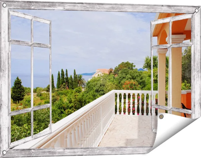 Gards Tuinposter Doorkijk Terras in Toscane - 90x60 cm - Tuindoek - Tuindecoratie - Wanddecoratie buiten - Tuinschilderij Grijs