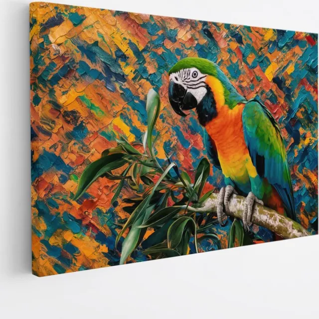 Saammp Canvas Schilderij - papegaai op tak - Dieren - Bloemen - 120x80 - Foto op canvas - Wanddecoratie - muurdecoratie Woonkamer - Slaapkamer decoratie - Canvas Print Multicolor