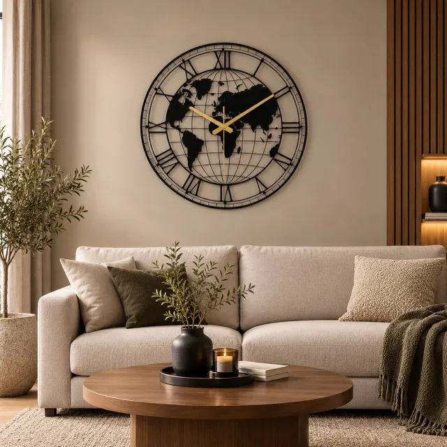 WallArtStore Wandklok Metaal-Wandklok Wereldkaart-Wandklok Design-Stil Uurwerk-50 cm-Zwart