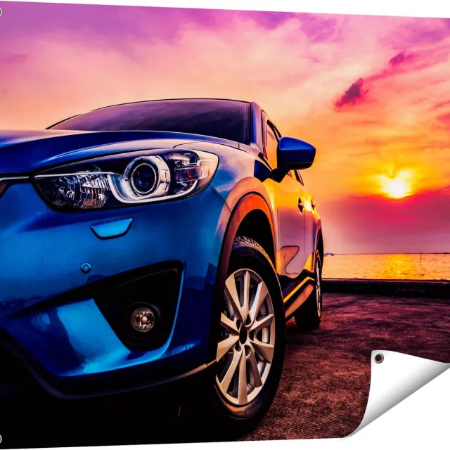 Gards Tuinposter Blauwe Sportwagen Auto bij Zonsondergang - 100x80 cm - Tuindoek - Tuindecoratie - Wanddecoratie buiten - Tuinschilderij Multikleur