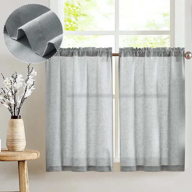 Unyqoos Verfijnde Linnenlook Vitrage voor Keuken en Balkondeur, Halftransparant Met Trekkoord, Set van 2 grijs