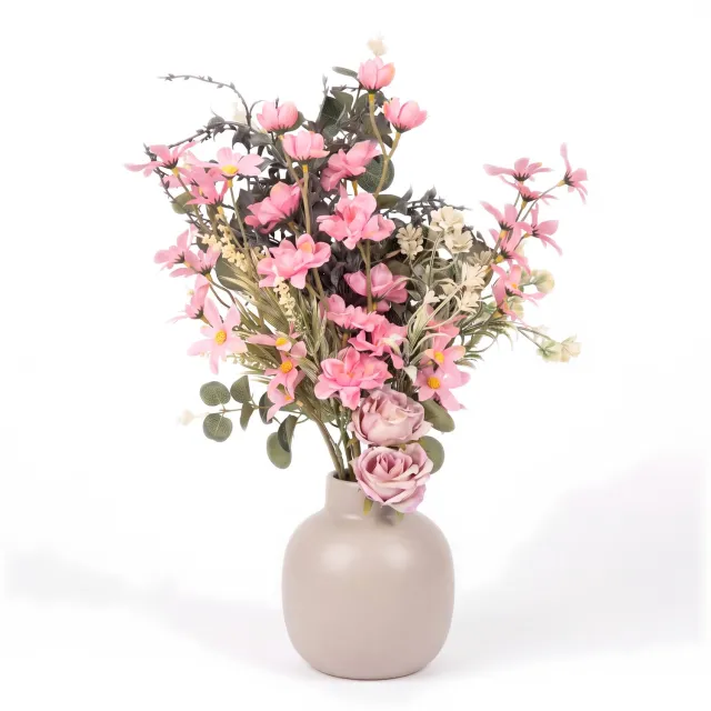 Salvik Kunstbloemen Boeket Roze - Bloemen met Rozen en Cosmos - Kunstboeket Veldboeket - Nepbloemen - Kunstrozen - Decoratie Bloemen voor Binnen
