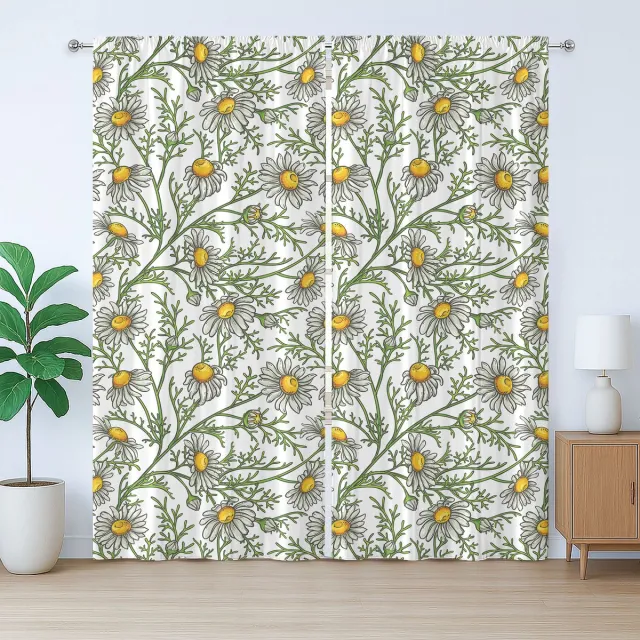 ABAKUHAUS Madeliefjes Rustiek Gordijn, Kamille Bloemenveld Kunst, met Bandjes voor de Woonkamer met Lussen en Haken, 280 x 175 cm, Oranje Stofgroen