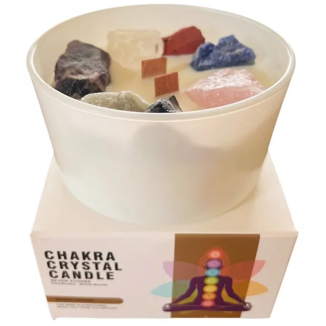 Ancient Chakra kaarsen met edelstenen - Heerlijk geurende soja was kaars - in glas - 7 edelstenen - 17 branduren wit