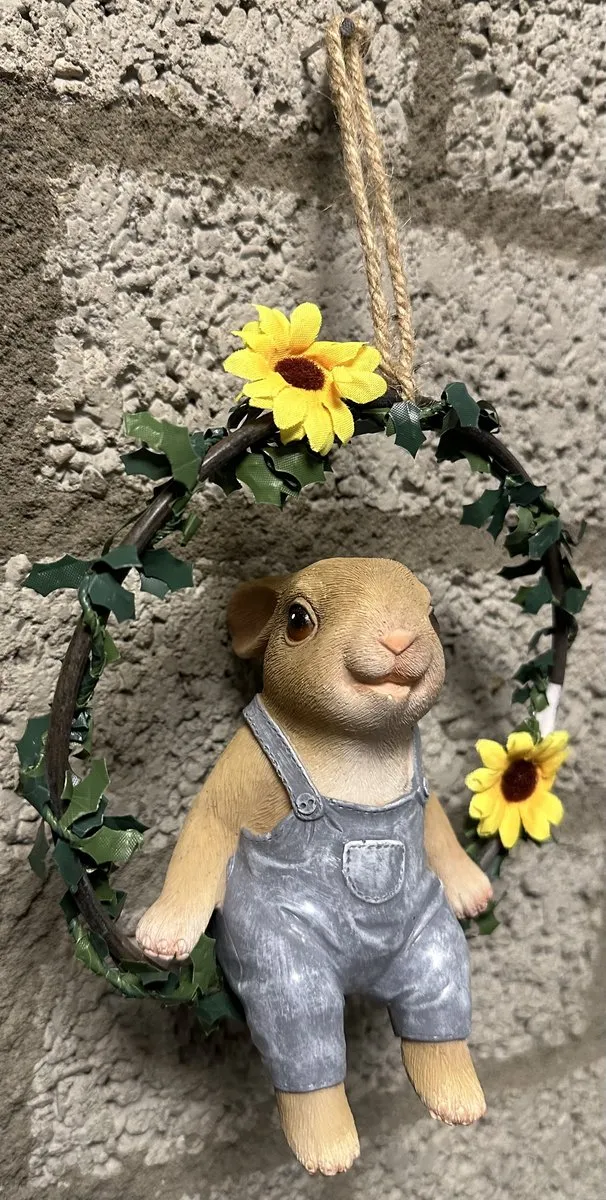 Impuls Polyresin deco tuin wandhanger met dierfiguur "konijn" - meerkleurig - Hoogte incl. touw 28 x 16 x 1 cm - Woonaccessoires - Woondecoratie - Tuinaccessoires - Tuindecoratie