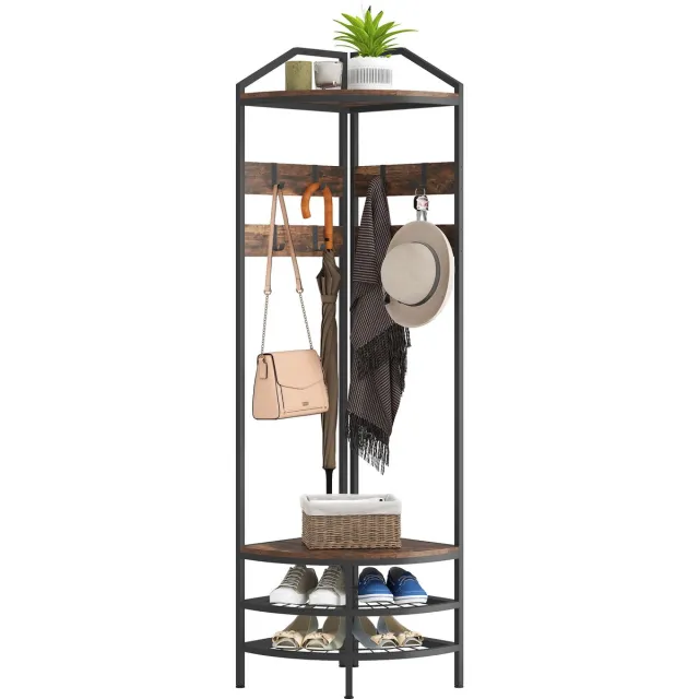 ECTEATOY Kapstok met schoenenkast - Halmeubel met 8 Haken en 2 Legplanken - Industrieel Garderoberek - 47x47x180 cm - Bruin