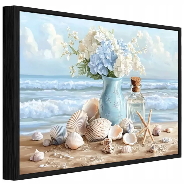 WALLARENA Schilderij op canvas in zwarte lijst - 90x60 cm - bloemenvaas aan zee - bloemen wanddecoratie voor woonkamer en slaapkamer Veelkleurig