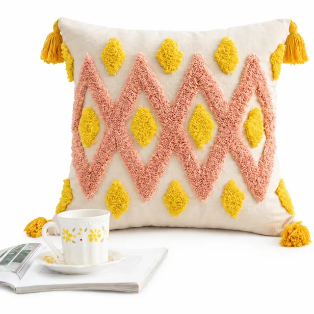 SWGOTA Katoenen kussenhoes 45 x 45 cm met getuft geometrisch patroon en hoekkwastjes - 1 stuk, zonder binnenkussen Crème