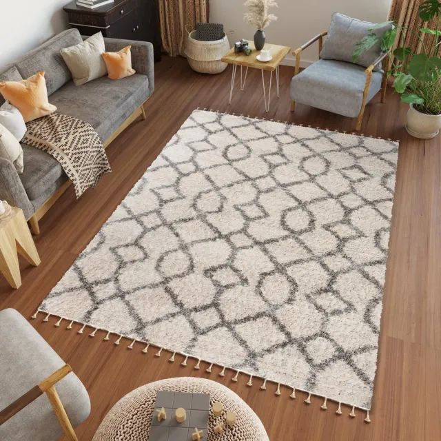 Tapiso Versay Fringes Vloerkleed Boho Hoogpolig Tapijten Maat- 160x220 Beige Grijs2