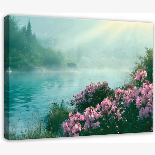 WALLARENA Schilderij op canvas - 40x30 cm - boslandschap met rivier en bloemen - wanddecoratie voor woonkamer en slaapkamer Blauw