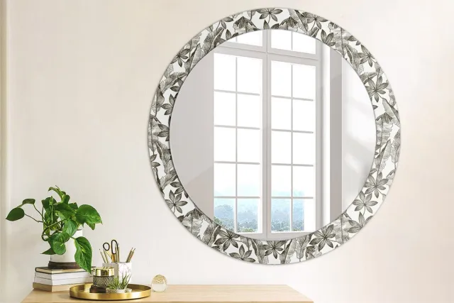 Coloray Bedrukte Spiegel - Tropische bladeren Bedrukte Spiegel - 80 cm - Zwart en wit Bedrukte Spiegel - Bedrukte Spiegel - Spiegel Met Bedrukte Lijst - Spiegel Met Decoratie Zwart en wit Tropische bladeren