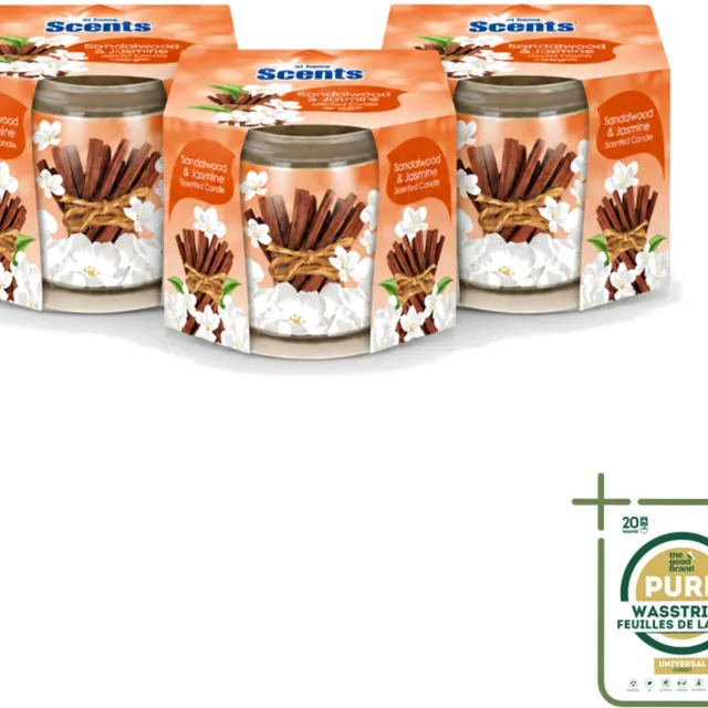 At Home 3 x At Home - Scents - Geurkaars - Sandalwood & Jasmin - 70 g - Wasstrips - Geurkaars - Sandelhout - Jasmijn - Thuisgeur - Rustgevende Geur Bruin