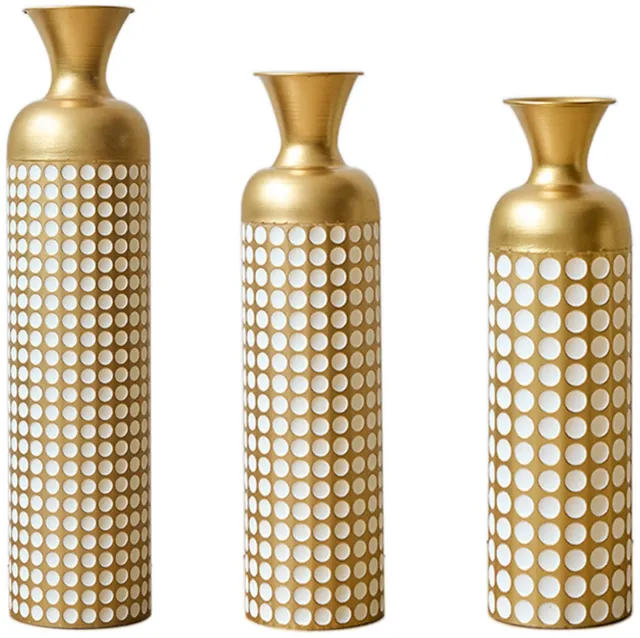 MUVANO Gouden Vloervazen Set - Hoge Vaas - Vaas Voor Pampasgras - Luxe Woondecoratie - Metaal - Stapelbaar - Woonkamer - 3-Delig - Goud