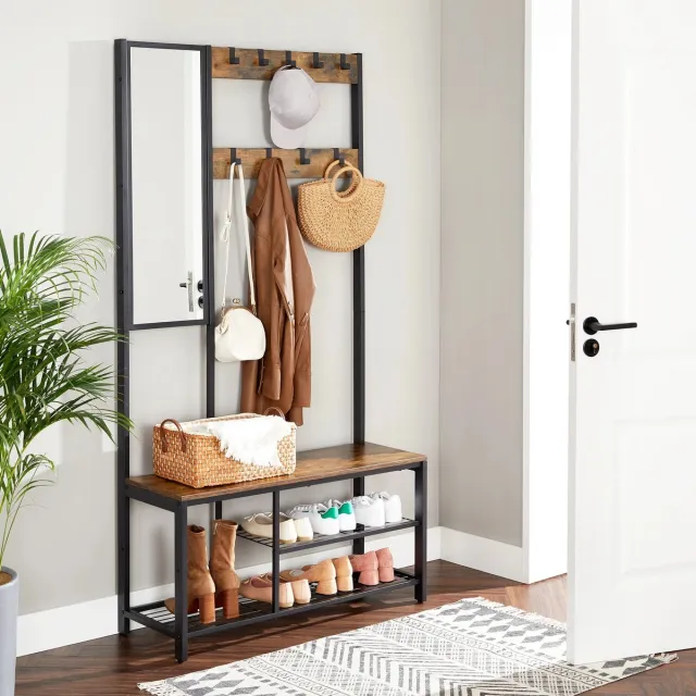 Whoopr® 4-in-1 Halmeubel - Kapstok met Spiegel, Schoenenrek & Zitbank – Garderoberek - Organizer – 36x98x185 cm Zwart