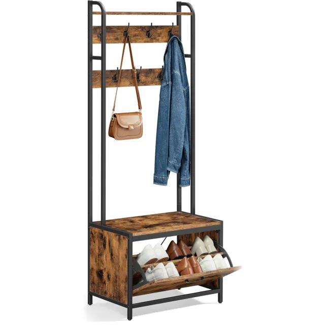 Vasagle Kapstok - Met Zitvlak - Met Schoenenkast en 7 Haken - Voor Hal en Slaapkamer Bruin-Zwart