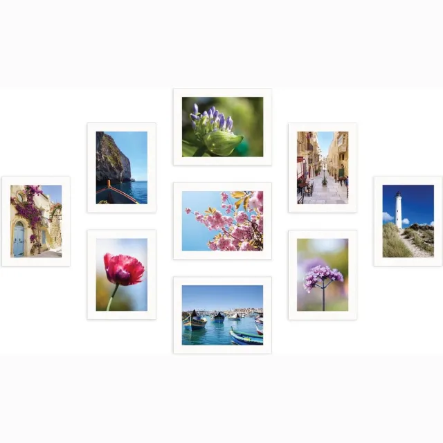 SecaDesign Fotowand wit 9 fotolijsten PIA9W met handige template voor plaatsing. 6x 13x18cm, 3x 15x20cm fotomaat - fotomuur