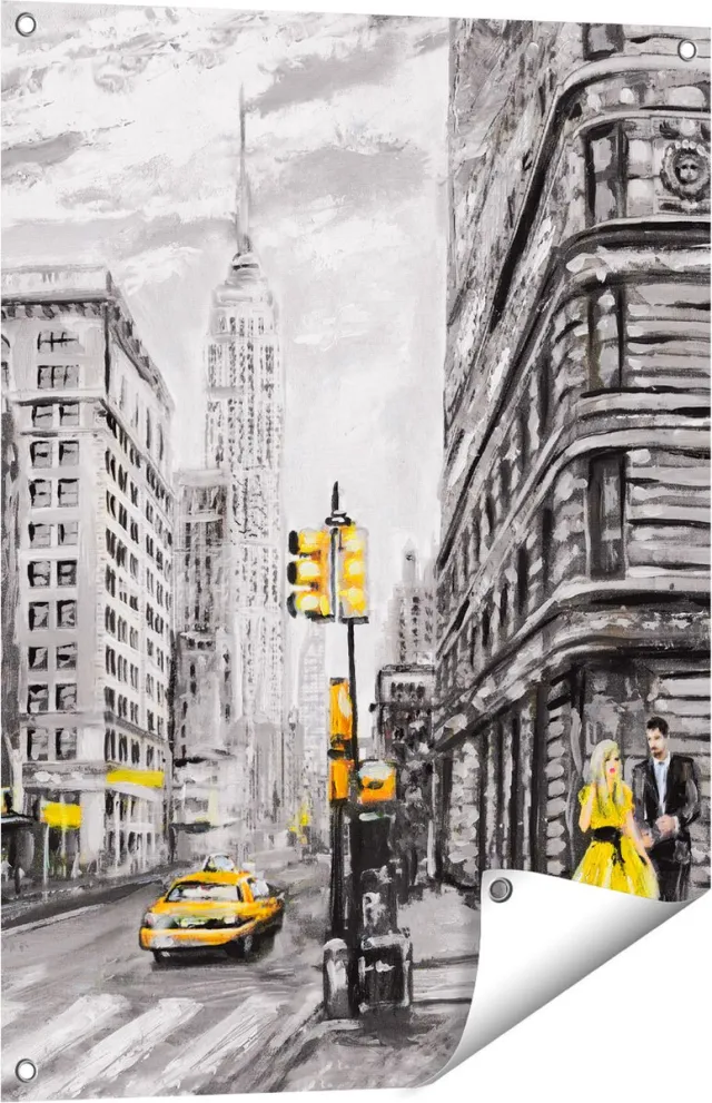 Gards Tuinposter Geschilderde New York Tekening - Zwart Wit - 60x80 cm - Tuindoek - Tuindecoratie - Wanddecoratie buiten - Tuinschilderij Multikleur