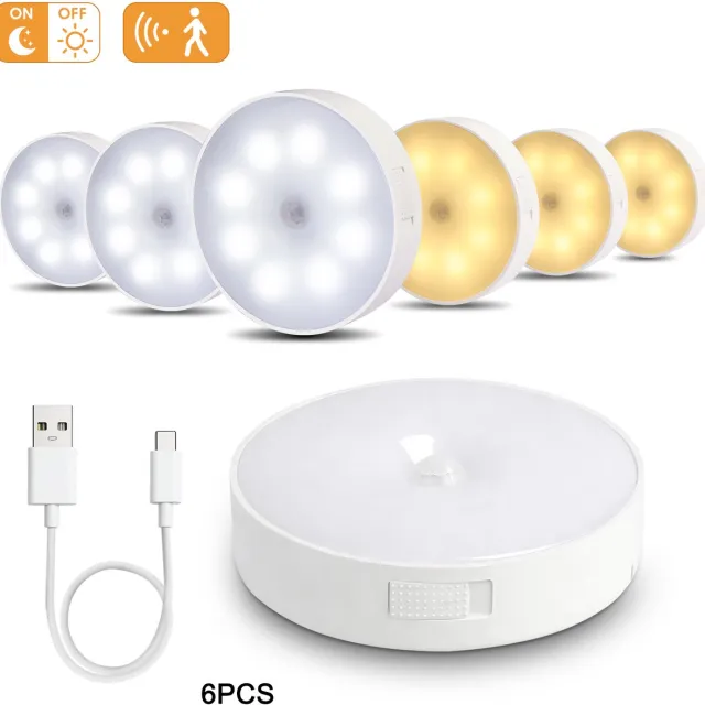 LOVHAUS 6 Stuks Ronde LED Kastlampen met Sensor – 3000K/6000K – USB Oplaadbaar – Magnetische Bevestiging Wit