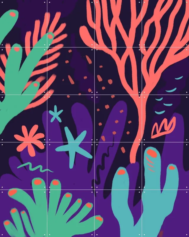 IXXI Sea Corals, Pop-art by Tadej - 80 x 100 cm - Grote wanddecoratie en posters - Digitale Kunst, Grafisch Ontwerp, Speels, Illustraties, Pop art Donkere tinten / Paars