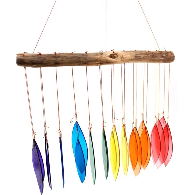 Ancient Wisdom Windgong - Gerecycled Glas & Drijfhout - Regenboog Kleuren - 30x50cm