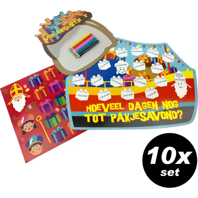 PartyFX 10x Sinterklaas Set met aftelkalender, stickers, kleurplaat, kleurpotloden en verlanglijstjes - uitdeelcadeau Multicolor