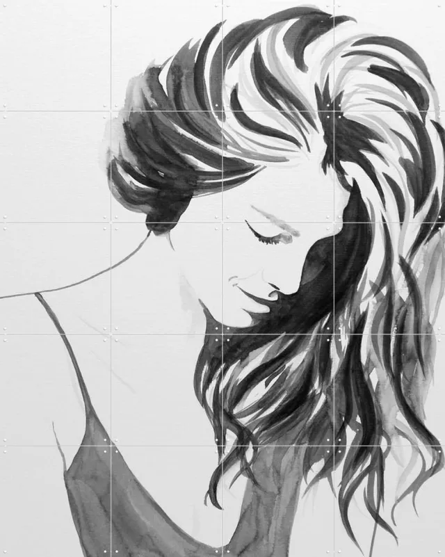 IXXI For a while she looks aways, Natalie Bruns - 80 x 100 cm - Grote wanddecoratie en posters - Line art, Illustraties, Tekeningen, Woonkamer Monochroom / Zwart en wit / Zwart