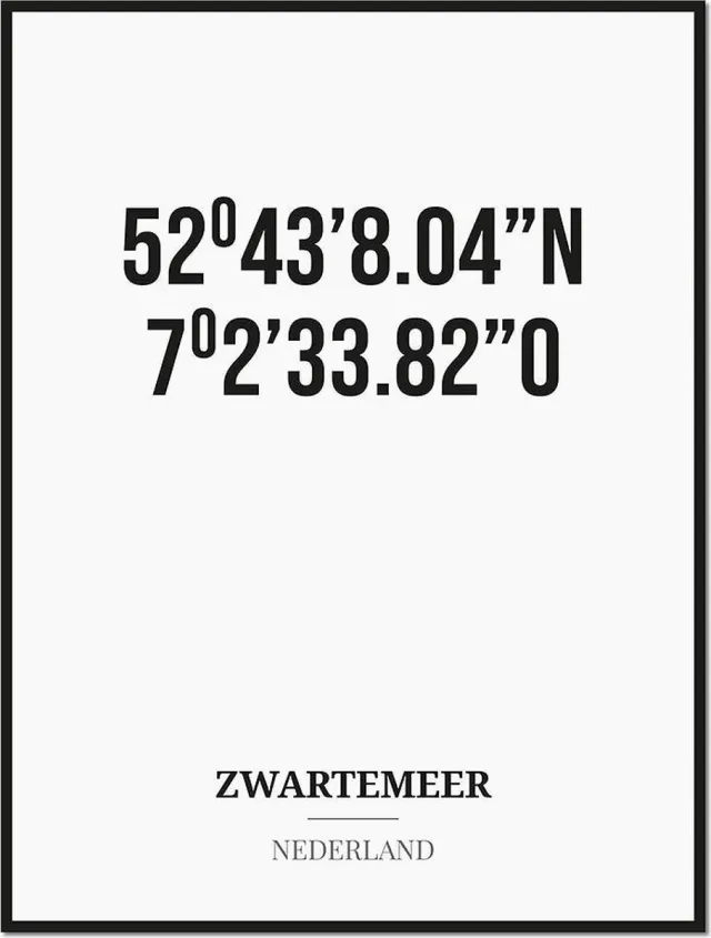 Studio216 Poster/kaart ZWARTEMEER met coördinaten zwart, wit
