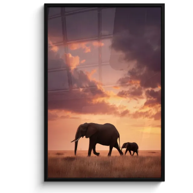 FrameYourWall Poster in lijst - Fotolijst 80x120 cm - Posters - Olifanten - Grasland - Zonsondergang - Posterlijst zwart - Decoratie - Wanddecoratie woonkamer - Muurdecoratie slaapkamer