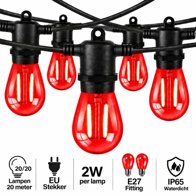 Wantohave Lichtsnoer Feestverlichting Buiten - 20 Meter - 20 LED Filament Lampen - E27 Fitting - 2W - Rood - IP65