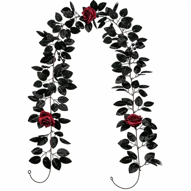 Ulisem Kunstbloemen Slinger - Rozen Bloemenslinger - Herfst Decoratie - Slinger met Rode Rozen Zwarte Bladeren en Bessen - Halloween Decoratie - 200 cm