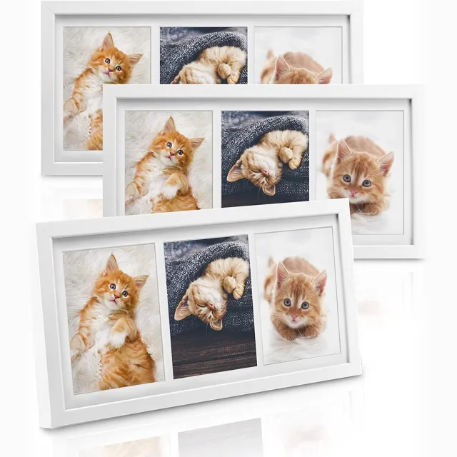 bomoe Galeria fotolijst set van 3 - houten fotolijsten met passepartout houten frame en plastic glas & metalen ophanging lijst voor foto's 3 x 3 foto's - wit