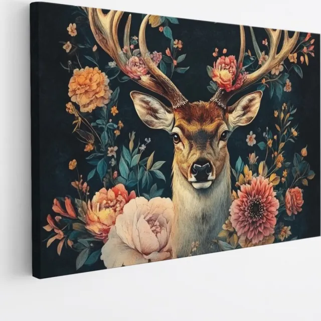 Saammp Canvas Schilderij - Abstract hert tussen de bloemen - Natuur - Dieren - 100x75 - Foto op canvas - Wanddecoratie - Muurdecoratie Woonkamer - Slaapkamer decoratie - Canvas Print Multicolor