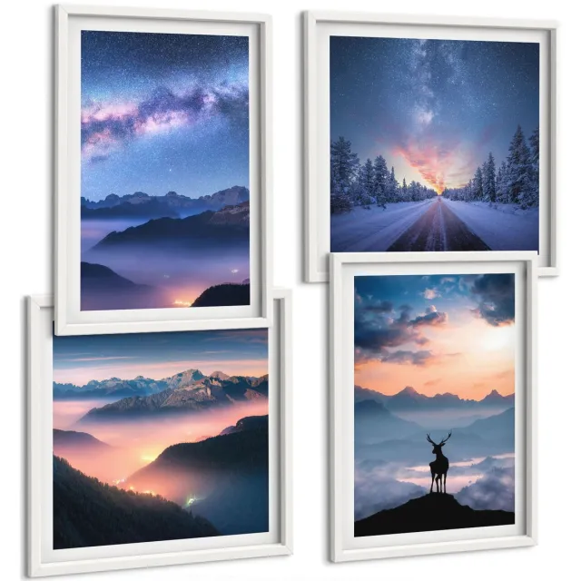 TULUP 4-Delige Schilderij Set - Nachtelijke hemel, berglandschappen in de mist en herten - 40x40 en 40x60 - Muurdecoratie - Decoratieve Schilderijen - Wohnzimmer Witte lijst