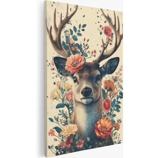 Saammp Canvas Schilderij - Abstract hert met bloemen - Dieren - Natuur - 80x120 - Foto op canvas - Wanddecoratie - Muurdecoratie Woonkamer - Slaapkamer decoratie - Canvas Print Multicolor