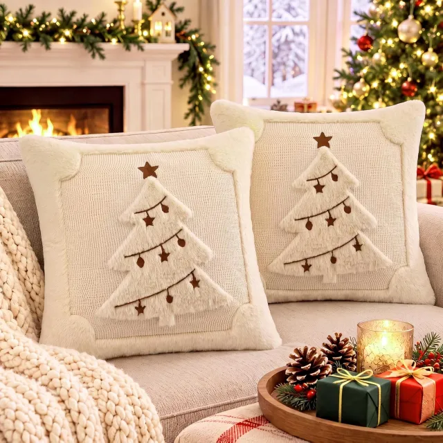 KZQ Set van 2 kussenhoezen imitatiebont 45x45 cm beige kerstboompatroon kerst Gebroken wit