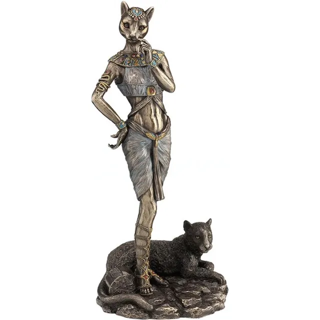 Veronese Design Beeld/Figuur - Egyptische Godin Bastet met Panter - zeer gedetailleerd - Zware Kwaliteit - 26cm x 11cm x 9cm brons-multicolor