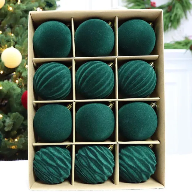 KZQ 12-delige fluwelen kerstballenset, smaragdgroen, onbreekbaar plastic, kerstboomversiering. groente