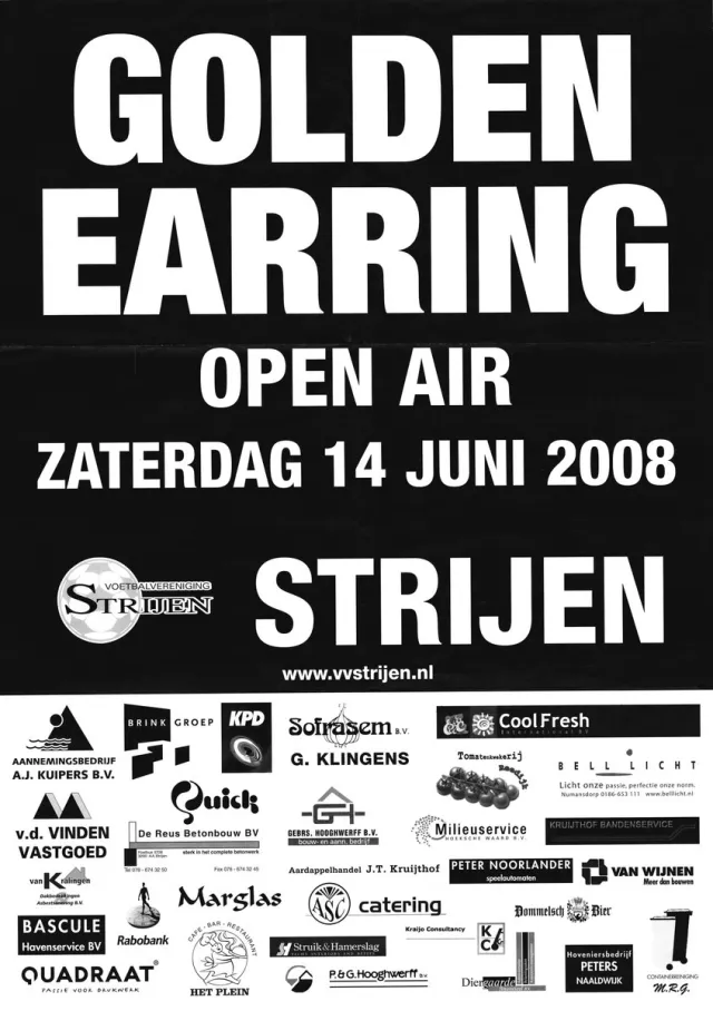superdoughhook.com Affiche Poster in koker van de Golden Earring. Aankondiging concert van de Golden Earring op zaterdag 14-06-2008 in Strijen tijdens het legendarische open air festival. wit en zwart