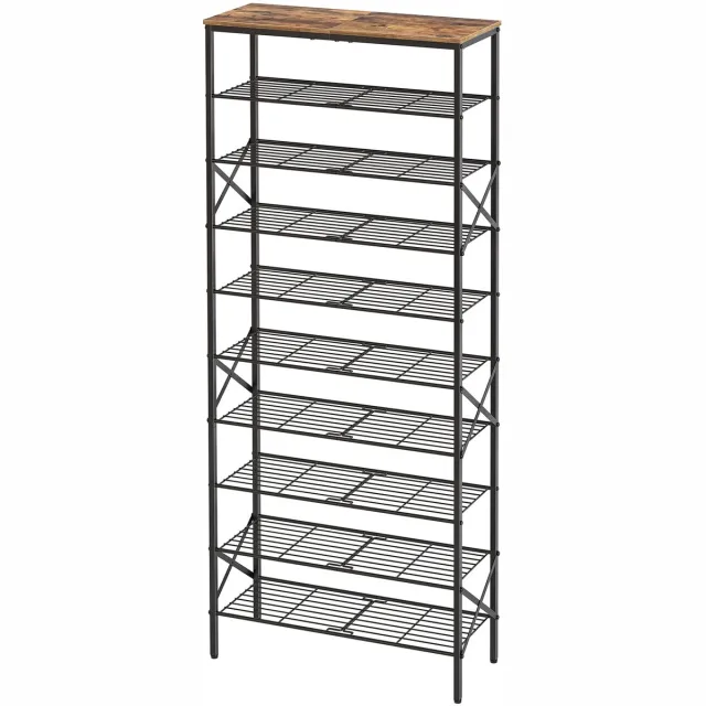 Famanu Hoog schoenenrek met 10 niveaus, grote capaciteit voor 40 paar schoenen, metalen frame, voor entree en hal, vintage bruin en zwart