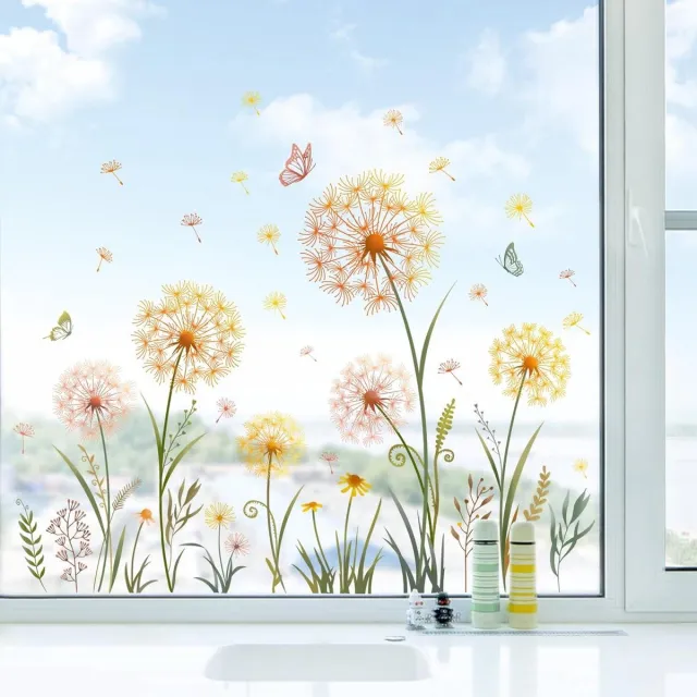 Provento Dubbelzijdige statische raamstickers voor anti-botsing met gele paardenbloem bloemen - Decoratie voor ramen, glazen deuren - Zomer herfst gras vlinder patronen Oranje