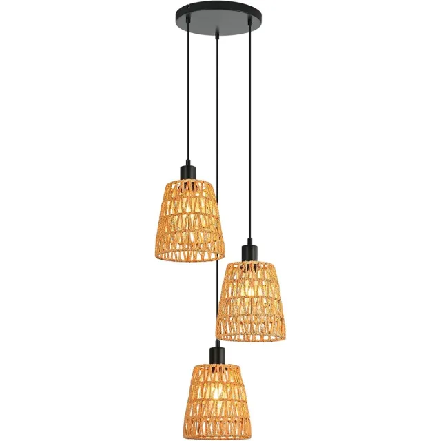 Glitzerlife Hanglampen - Boho Retro Vintage Rond - 3xE27 - Verstelbare hoogte - Rattan papierkoord ijzer - Ø18cm - 25W - eetkamer verstelbaar - Eetkamer Slaapkamer Woonkamer Schijf nr. 2