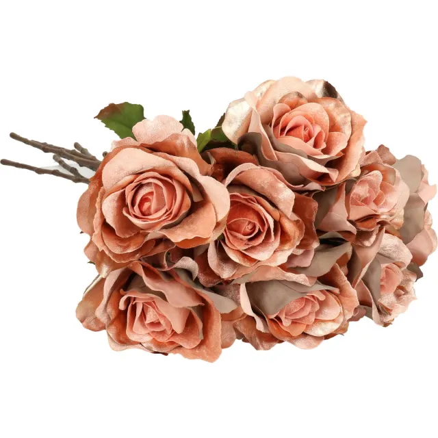 Top Art Kunstbloemen boeket roos Glamour - 8x - zalm met goudkleur - 61 cm - satijn Zalmroze