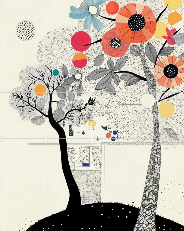 IXXI Shaded Bloom, Artclaud - 80 x 100 cm - Grote wanddecoratie en posters - Geometrische Kunst, Kleurrijk, Speels, Kleurrijk, Line art, Illustraties Blauw / Zwart / Rood