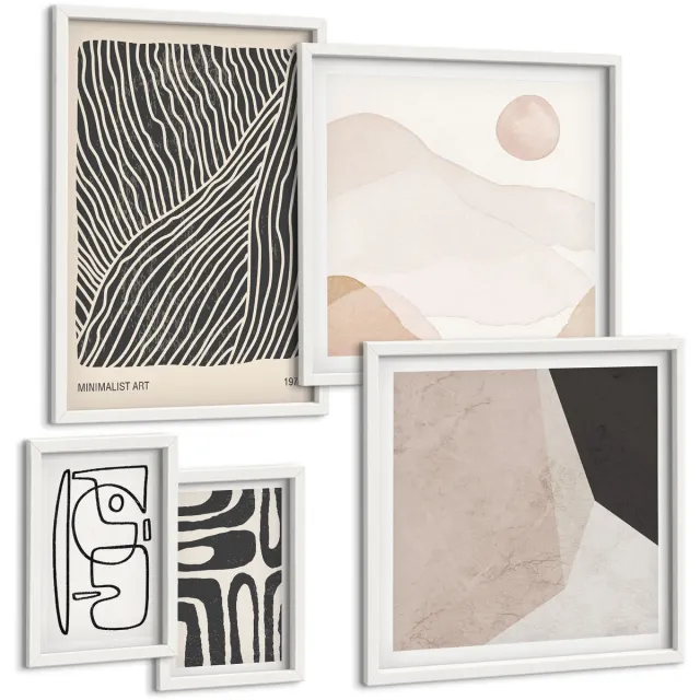 TULUP 4-Delige Schilderij Set - Minimalistische ontwerpen in aardse tinten en abstracte vormen. - 50 x 50 cm, 20 x 30 cm en 40 x 60 cm - Muurdecoratie - Schilderijen Set - Woonkamer - Decoratieve Schilderijen Witte lijst