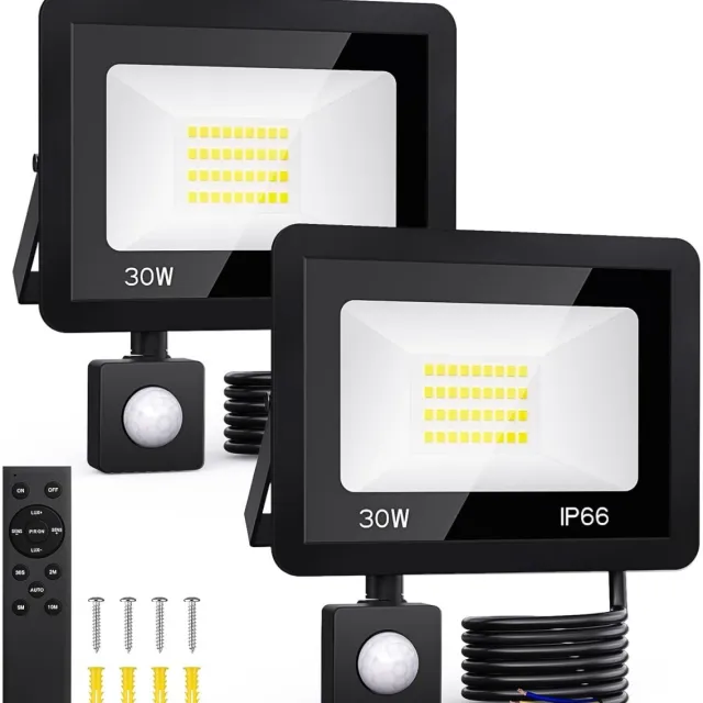 GelldG 30W LED-schijnwerpers - Set van 2 - Met bewegingssensor - Buitenverlichting - Met afstandsbediening - 6500K koelwit licht - IP66 waterdicht - Geschikt voor tuinen, garages, terrassen, huizen en achtertuinen zwart
