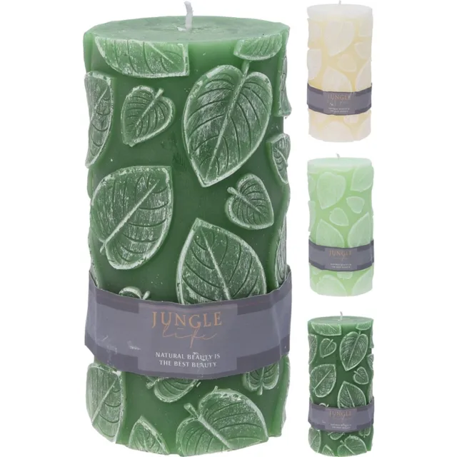 H&S Decoration Stompkaars - blad print Ø 7x14cm - kaarsen - woondecoratie - 3 stuks groen/mint/ivoor